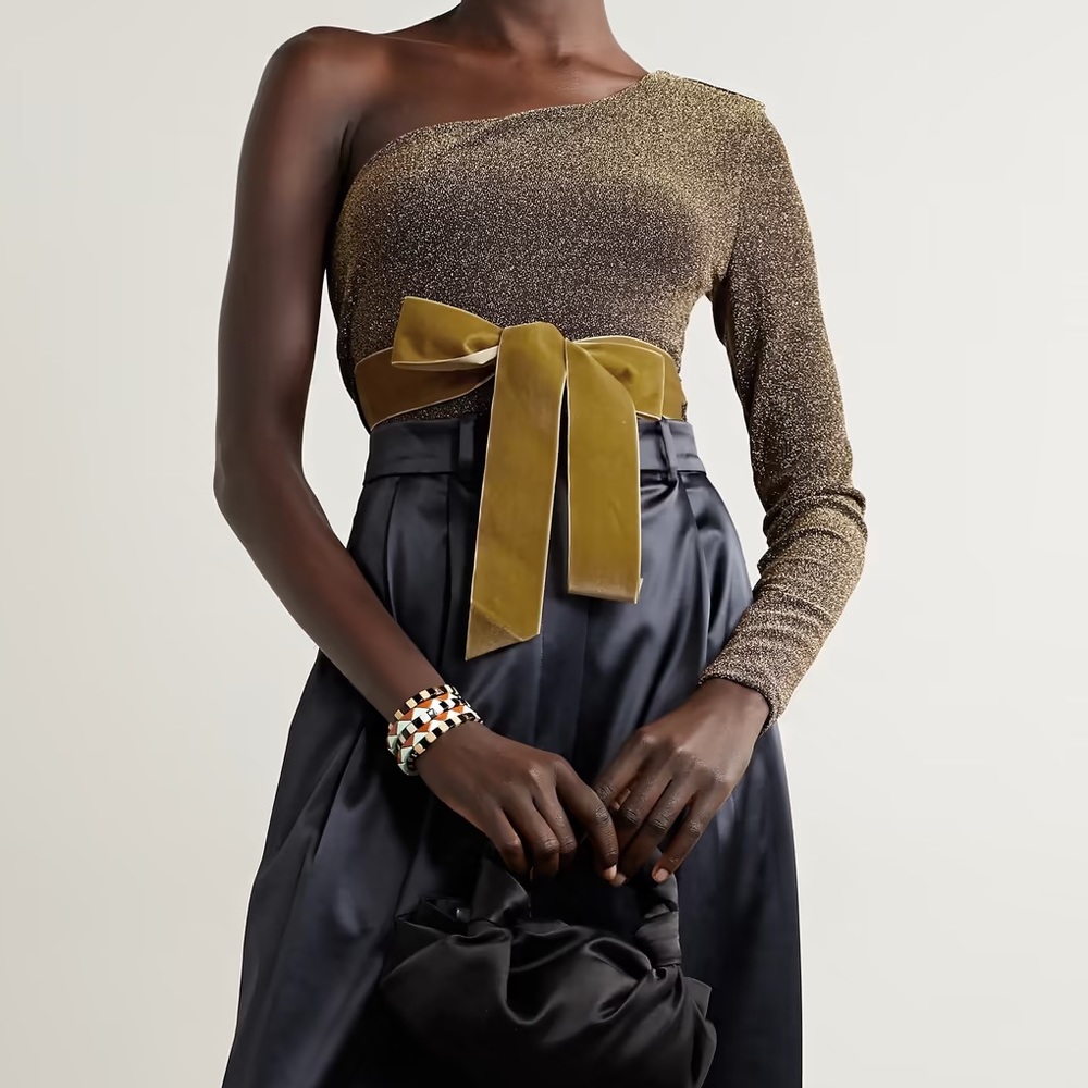 ARTCLUB miller one sleeve metallic velvet bow bodysuit